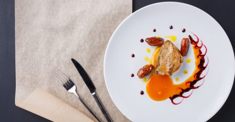 Roasted goose liver with date fruit and apple