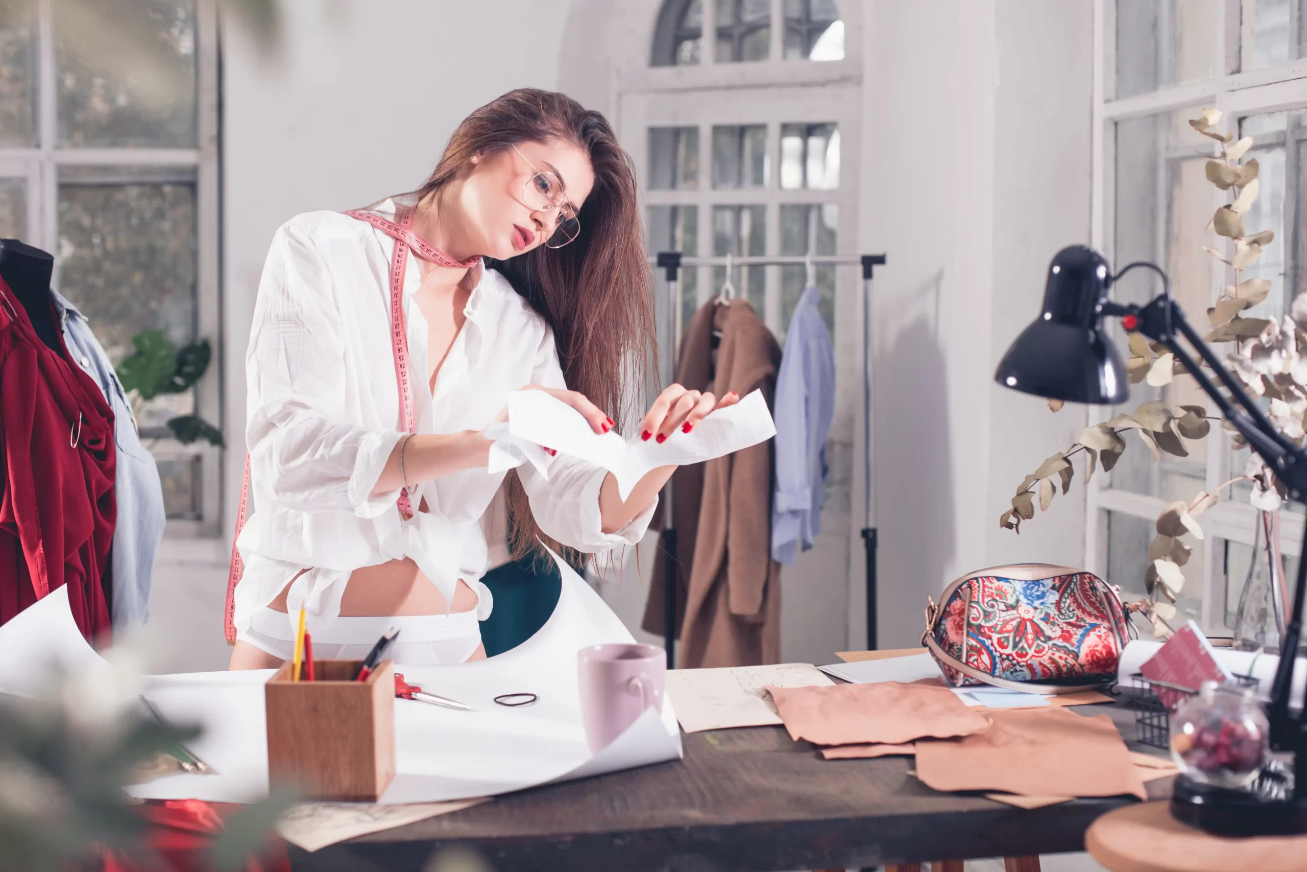 female fashion designer working studio sitting desk