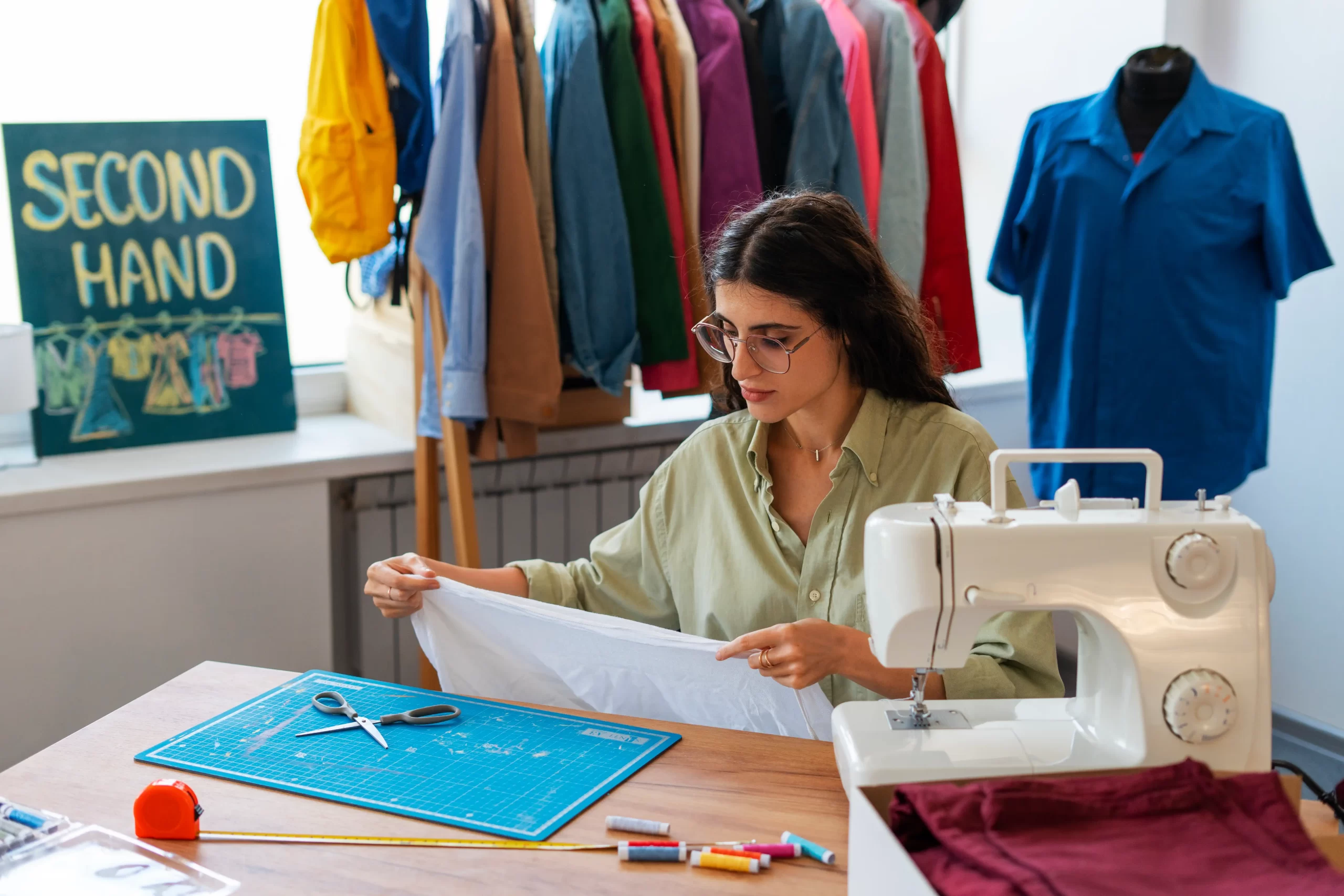 medium shot woman repairing clothes